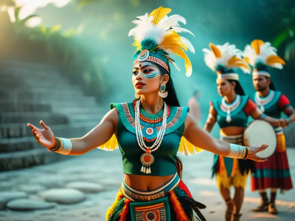 Prácticas religiosas mayas educativas: Danza maya en sitio sagrado al atardecer, con trajes de plumas y tambores hipnóticos