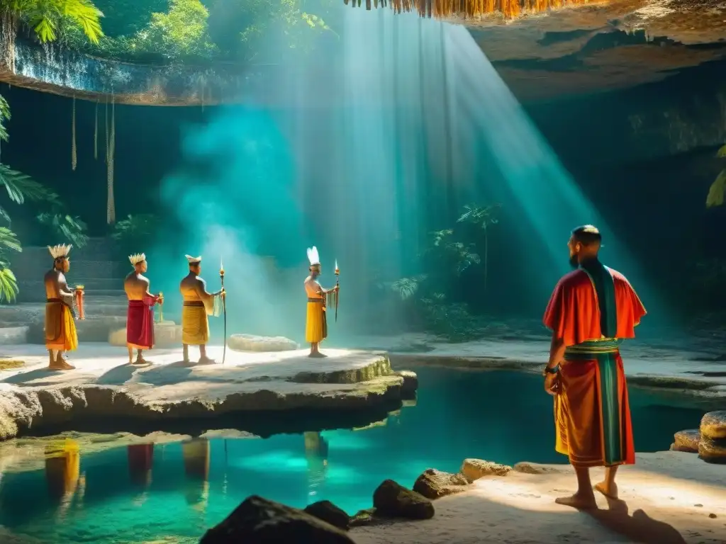 Prácticas rituales mayas en cenotes: Mayas en ceremonial junto a cenote en la selva, con atuendos vibrantes y quemadores de incienso