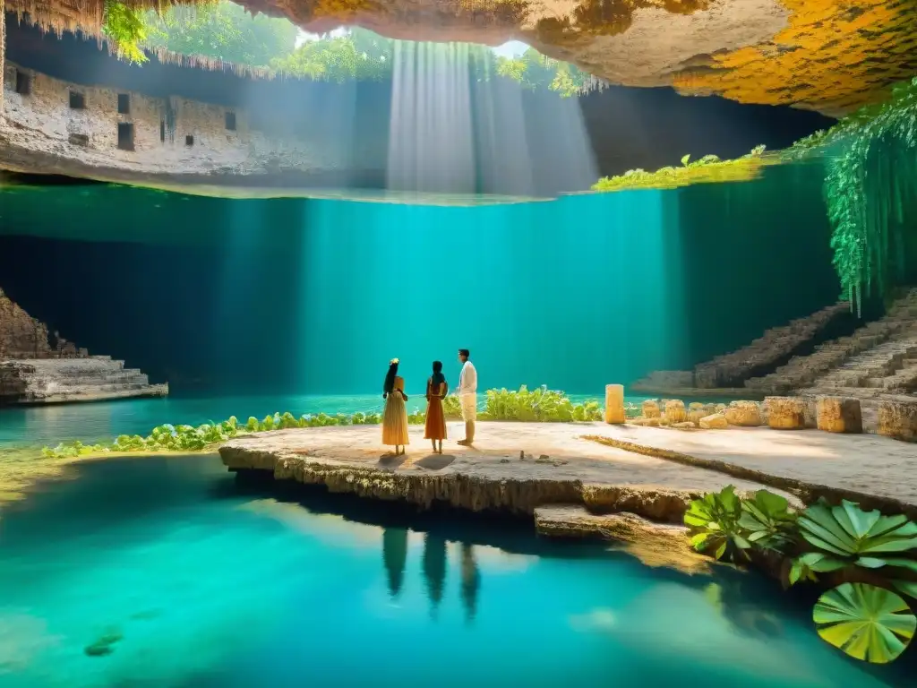 Prácticas rituales mayas en cenotes: Celebración ancestral en un cenote sagrado entre exuberante vegetación