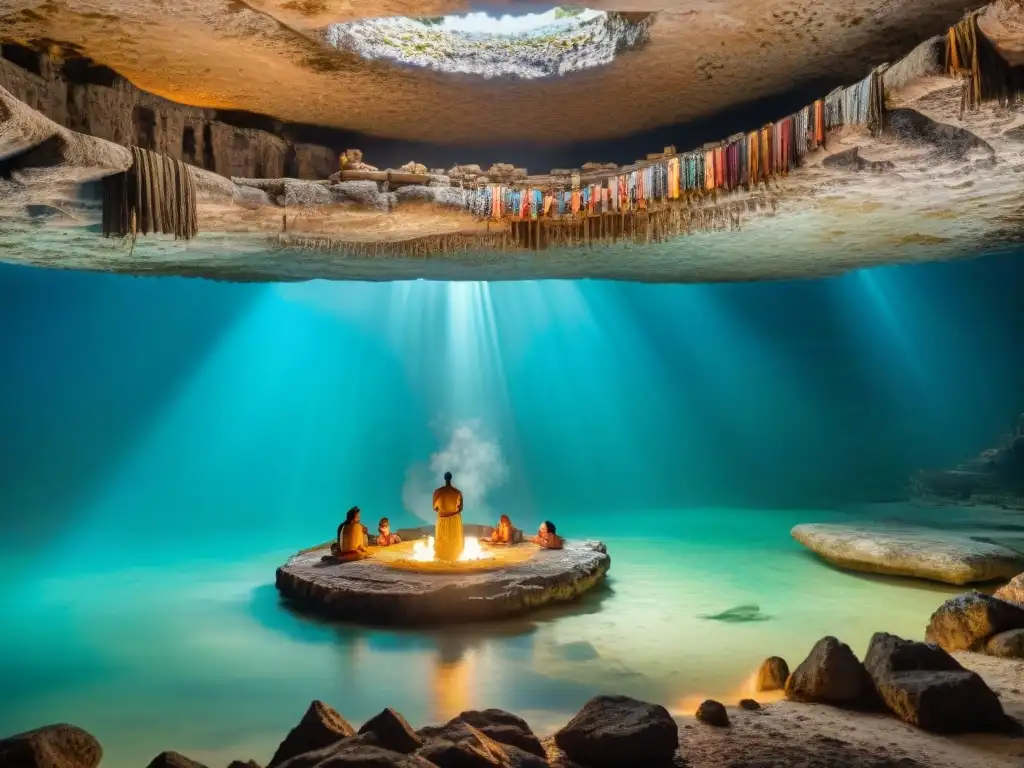 Prácticas rituales mayas en cenotes: Shamans realizan ceremonia sagrada en cenote, iluminados por antorchas, artefactos y jeroglíficos