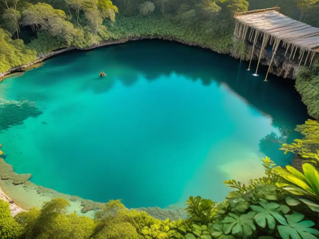 Prácticas rituales mayas en cenotes: Antiguas ruinas, un cenote turquesa y sacerdotes mayas en un escenario místico