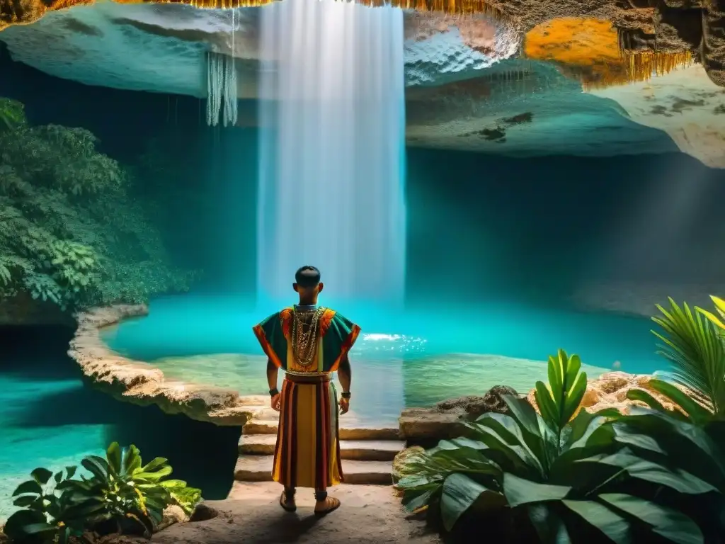 Prácticas rituales mayas en cenotes: sacerdotes adornados en atuendos ceremoniales, listos para el ritual junto a un cenote