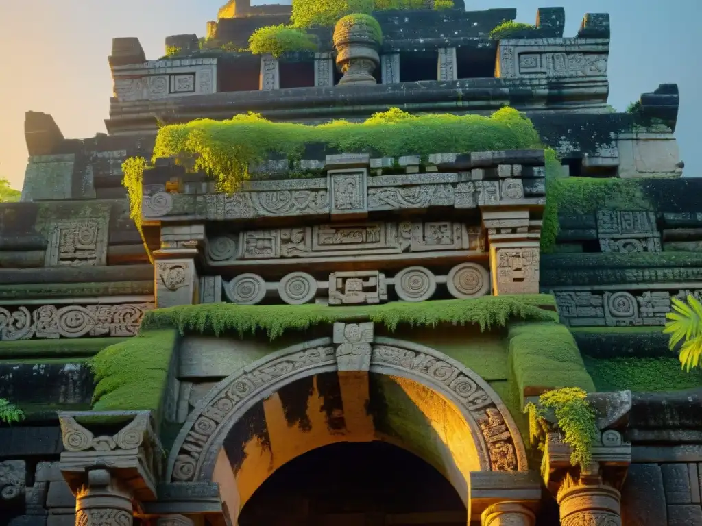 Prácticas de conservación en ruinas mayas: Detalles de piedra y enredaderas en un templo maya al amanecer