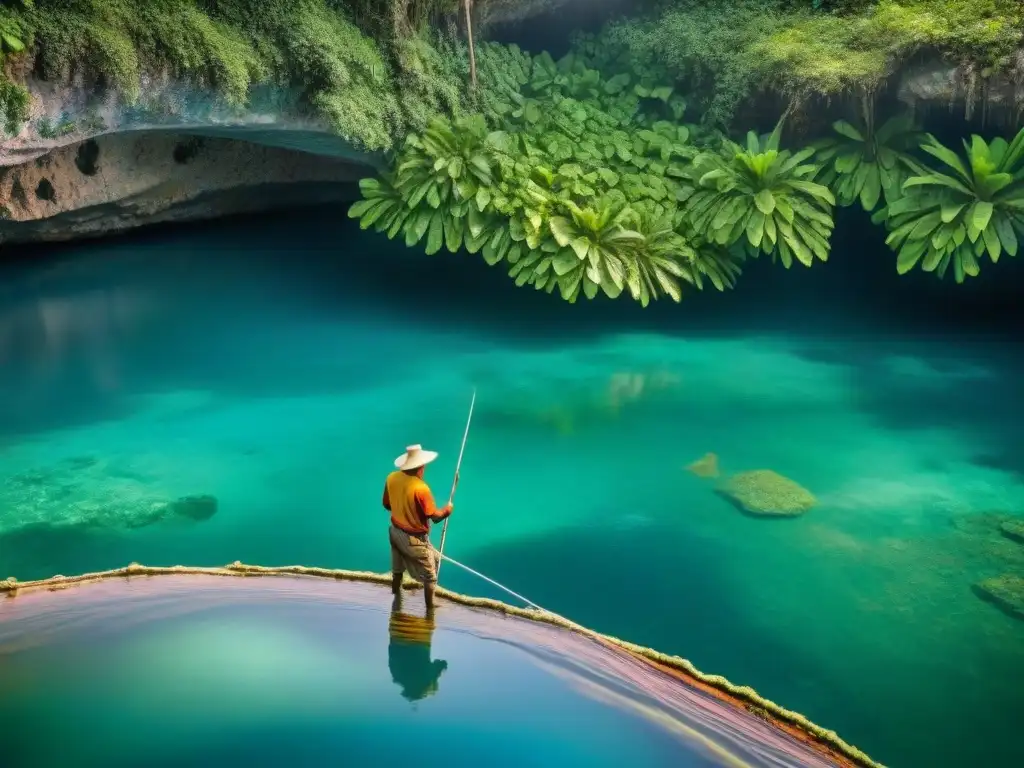 Prácticas sostenibles de caza y pesca maya en un cenote, con un pescador maya lanzando su red al agua cristalina