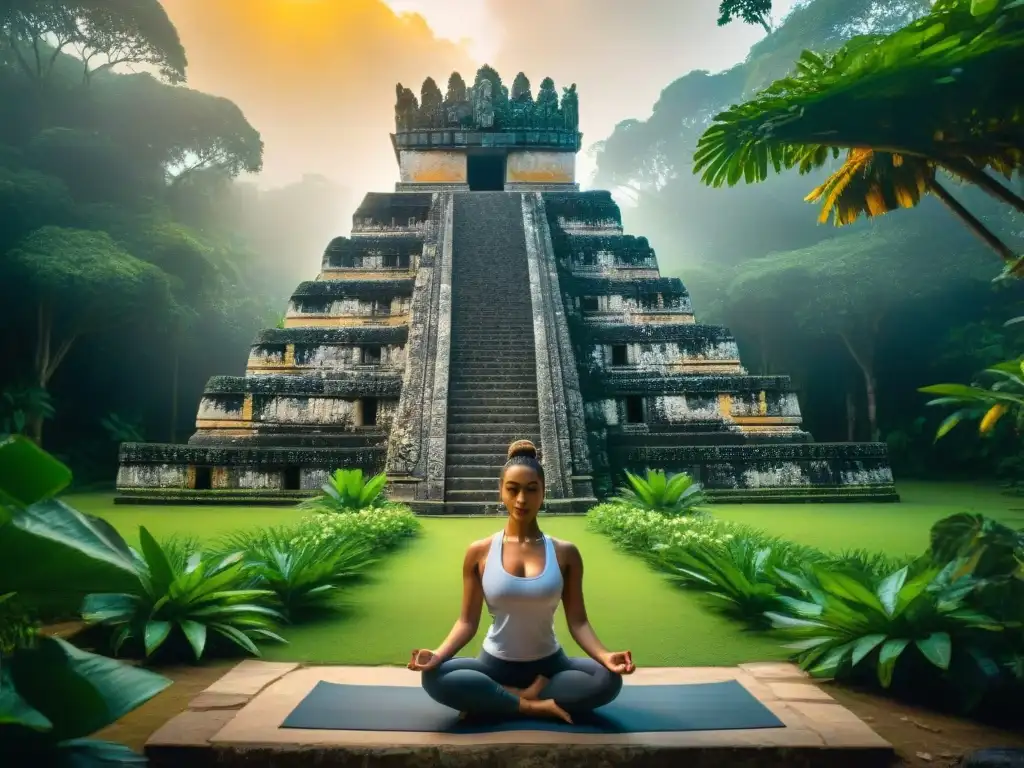 Templo maya ancestral: meditación en la selva Prácticas de yoga maya ancestrales en templo rodeado de naturaleza exuberante y símbolos mayas tallados en piedra