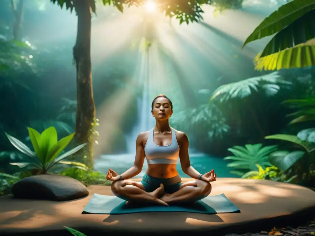 Yoguis en la selva maya: conexión ancestral Prácticas de yoga maya ancestrales en la exuberante jungla, con yoguis en poses simbólicas y espíritu de conexión ancestral