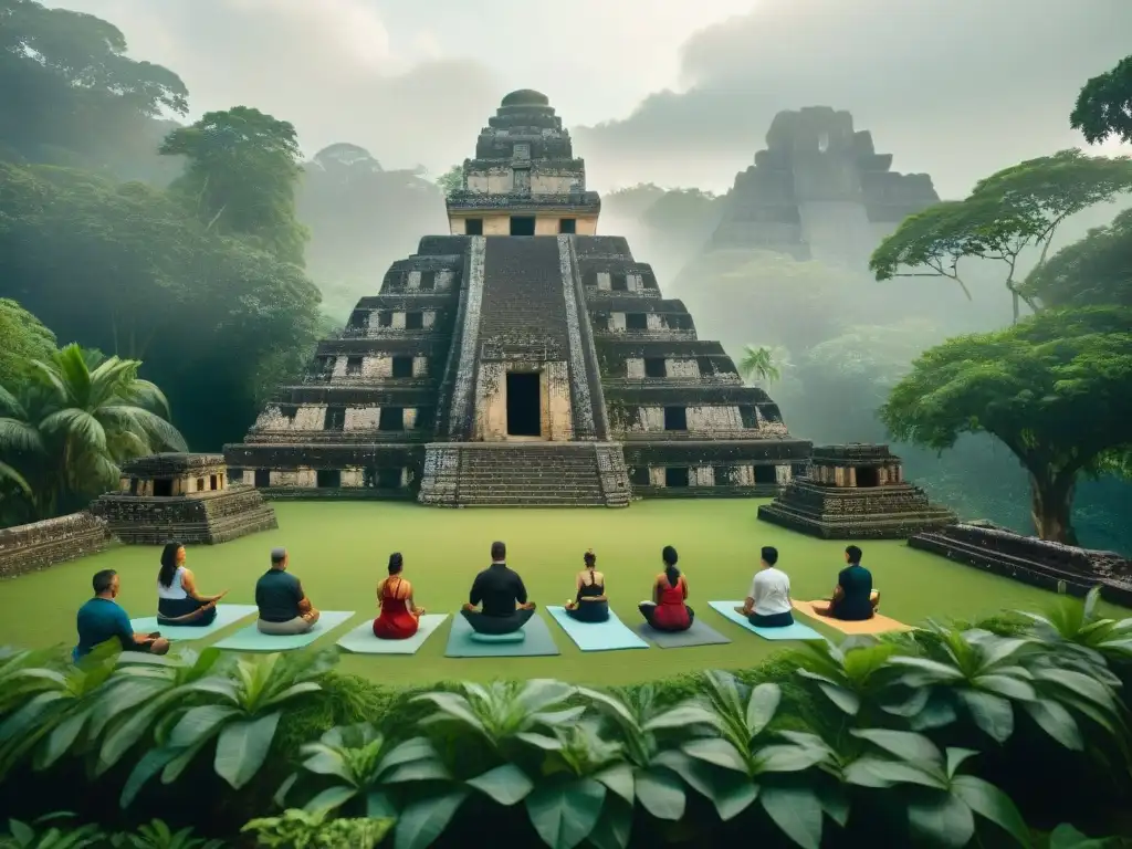 Yoga y meditación en la selva maya Prácticas de yoga maya ancestrales en la selva con ruinas antiguas y meditación en círculo