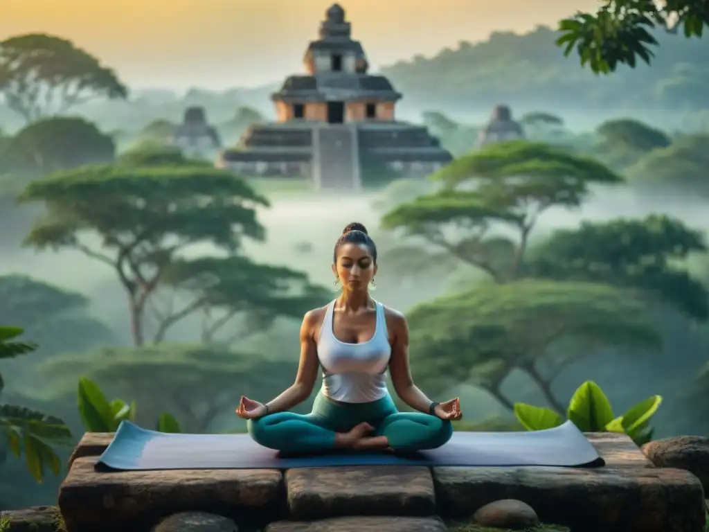Yoga en Ruinas Mayas: Conexión Espiritual al Amanecer Prácticas de yoga maya ancestrales: Grupo en poses de yoga al amanecer en bosque maya