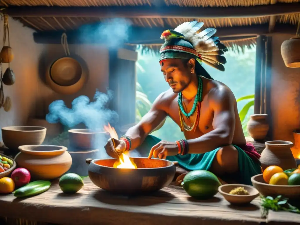 Preparación de comidas espirituales en retiro maya con chaman en cocina rústica rodeado de ingredientes vibrantes