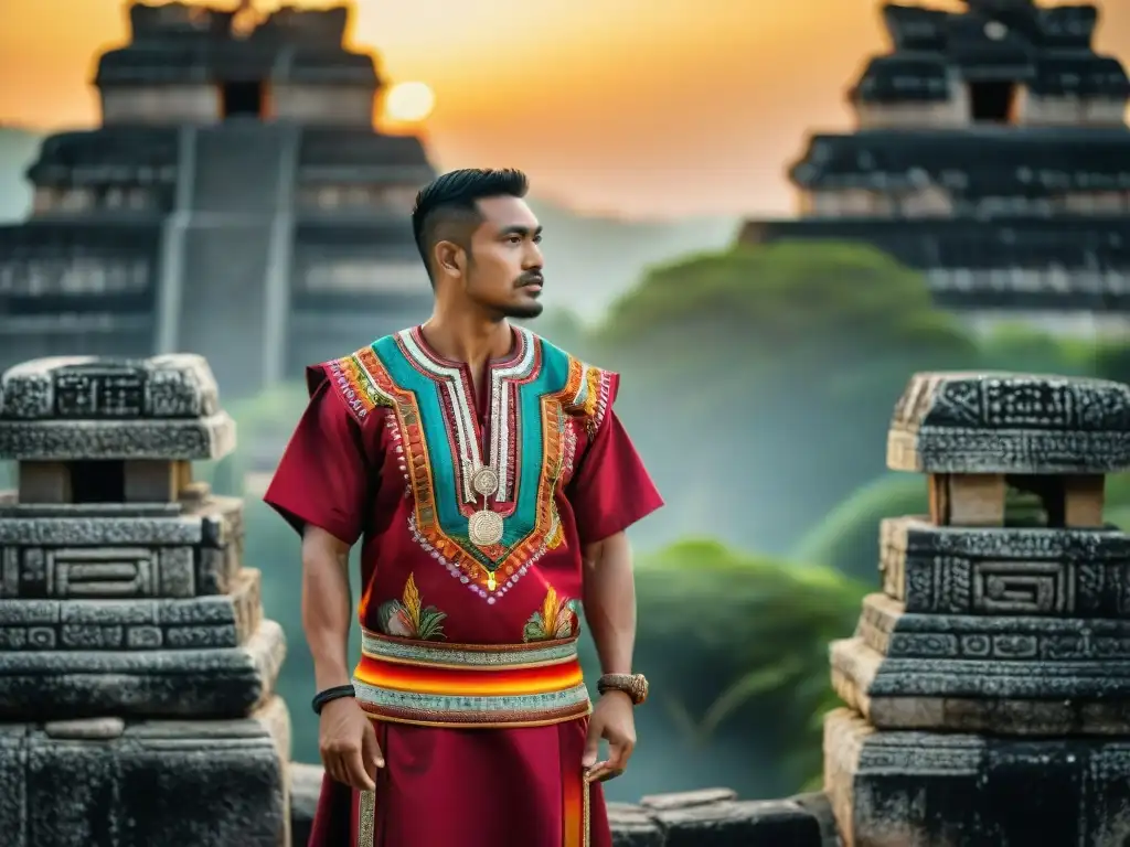 Preparaciones ceremoniales vestimenta cultura maya: Un huipil maya ceremonial bordado con colores y patrones simbólicos, frente a ruinas al atardecer