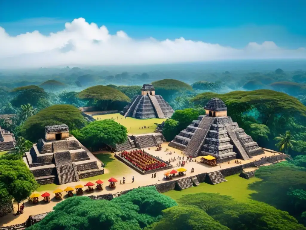 Primeras ciudades mayas educación turismo: Mercado bullicioso en ciudad maya con textiles, frutas exóticas y cerámica bajo pirámides de piedra