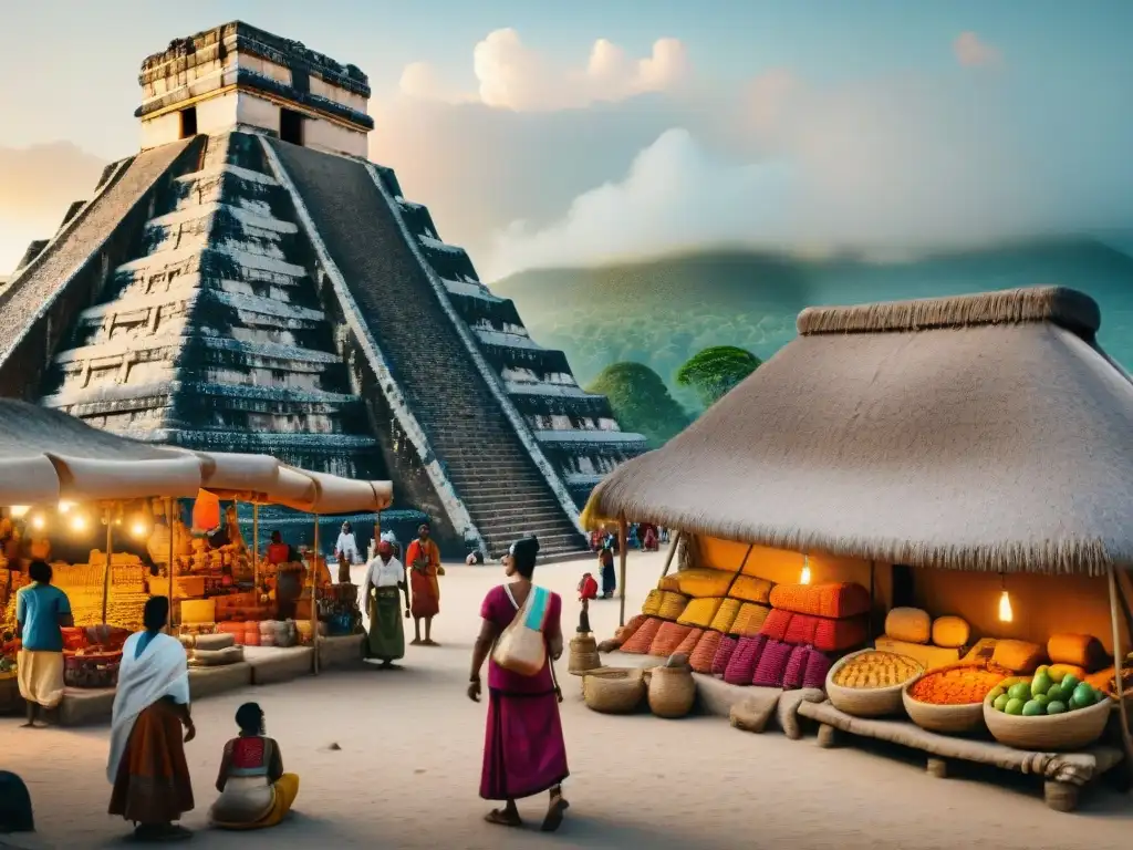 Primeras ciudades mayas educación turismo: Mercado vibrante en antigua ciudad maya con textiles, frutas y pirámides