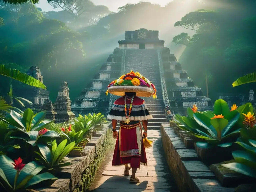 Una procesión funeraria maya en la selva hacia un antiguo templo de piedra