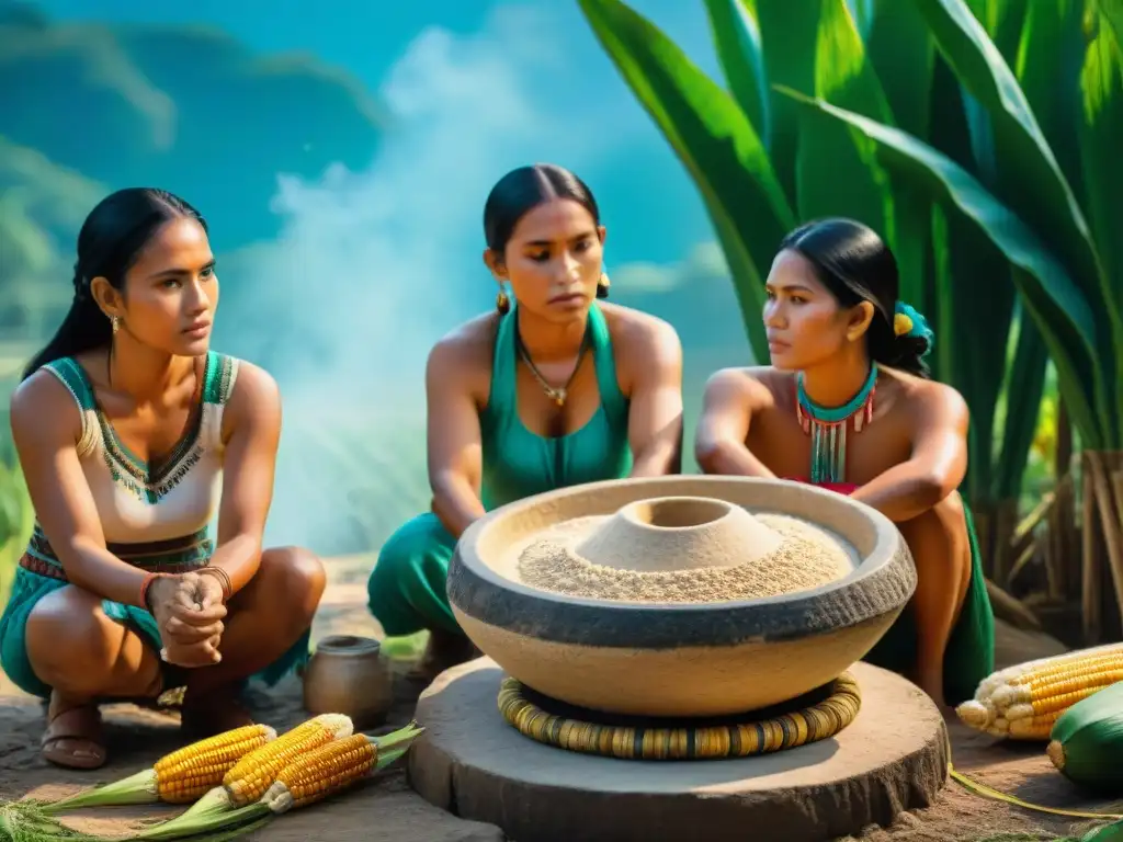 Proceso de nixtamalización en mayas: Familia maya moliendo maíz en metate con campos verdes de maíz al fondo bajo cielo azul