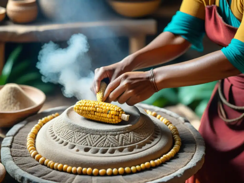 Proceso de nixtamalización en mayas: Mujer maya molieindo maíz en metate, resaltando la tradición culinaria ancestral