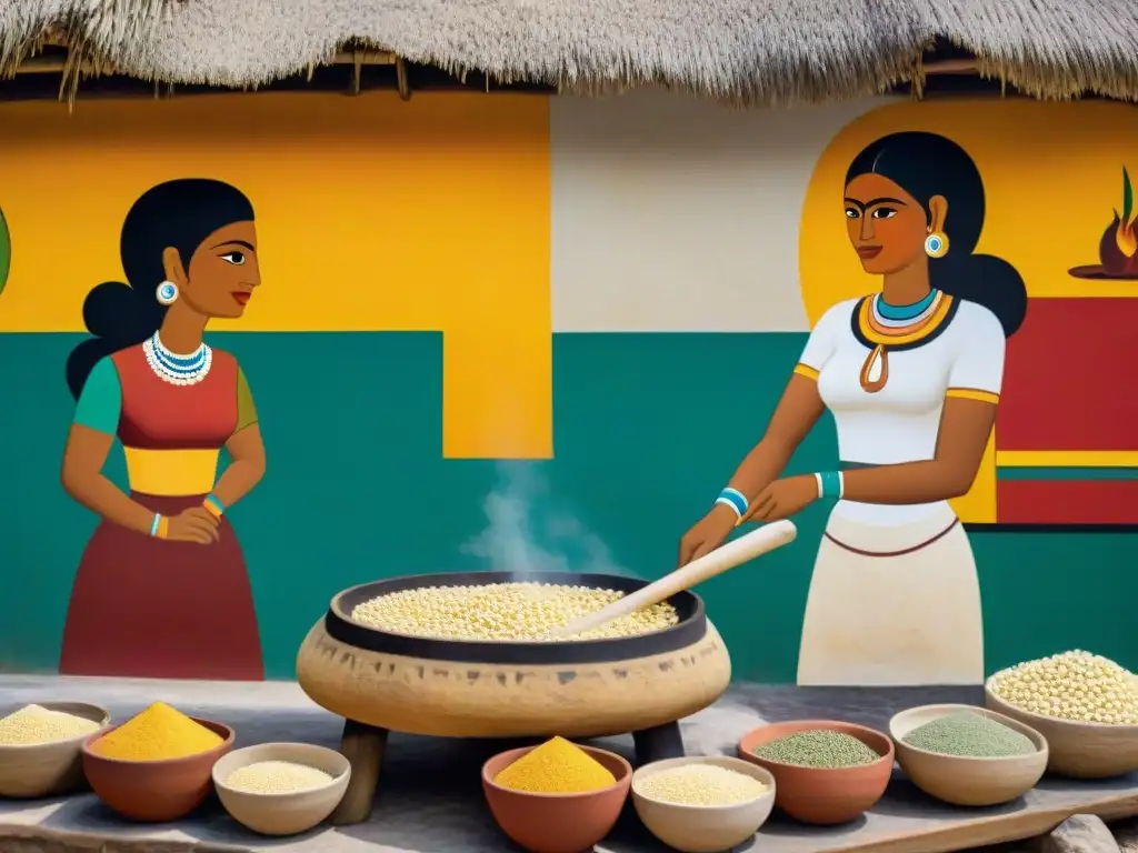 Proceso de nixtamalización en mayas: Mujeres mayas preparando tortillas tradicionales en un mural vibrante y detallado