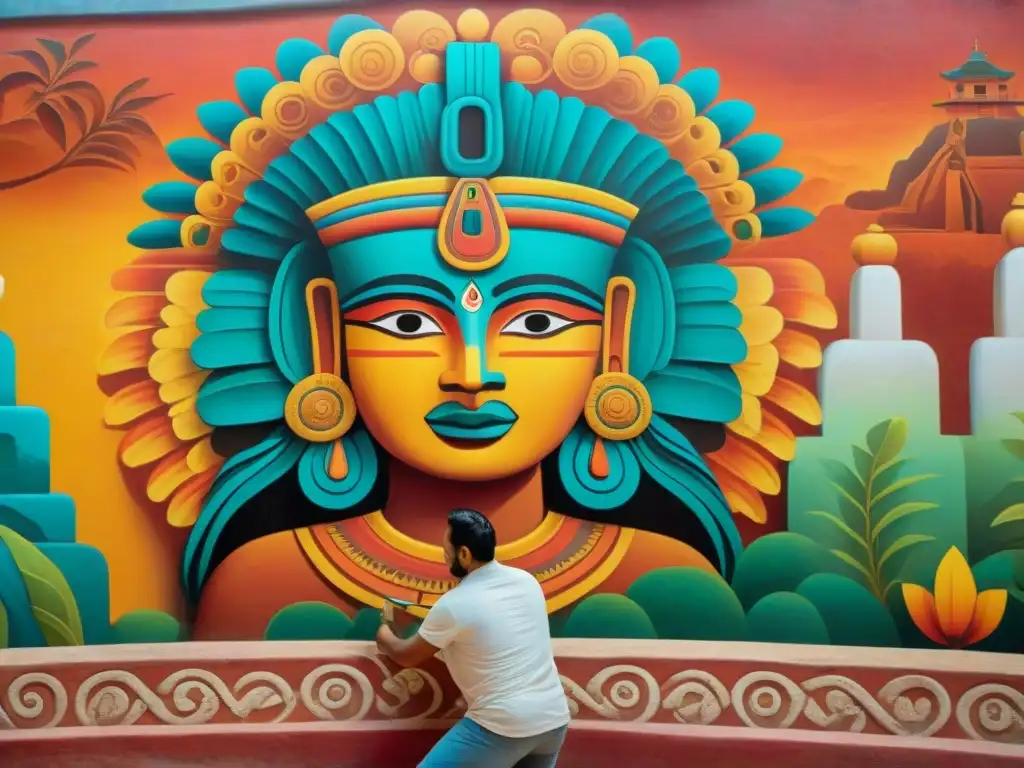 Proceso de pintura mural maya: Artista maya pintando un mural histórico con colores vibrantes en un templo antiguo