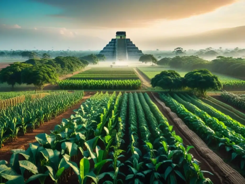 Productos agrícolas de la civilización maya: maíz, cacao y cultivos en un campo vibrante con sistema de riego y pirámide al fondo