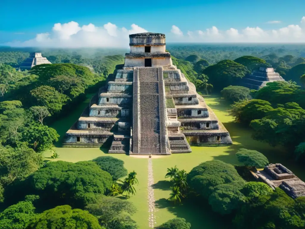 Profecías mayas caída civilización: Detalle de sitio arqueológico maya con inscripciones y vegetación exuberante, investigadores en segundo plano