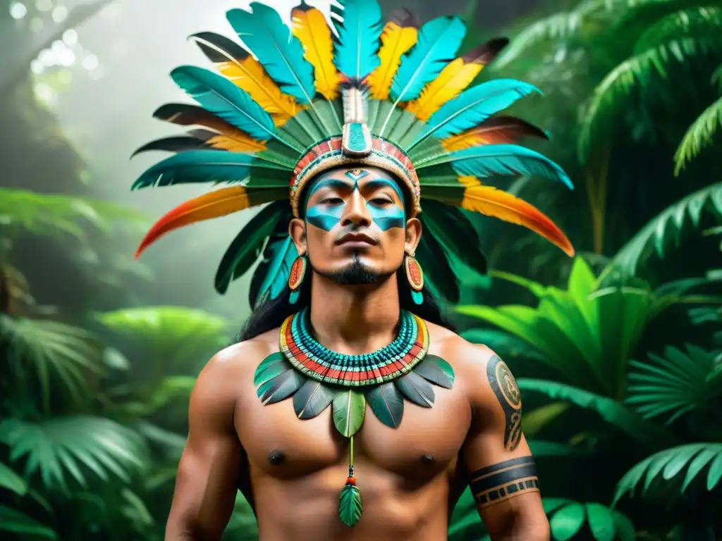 Yum Kaax, protector de la fauna maya, en la exuberante selva con tatuajes tradicionales y plumas vibrantes