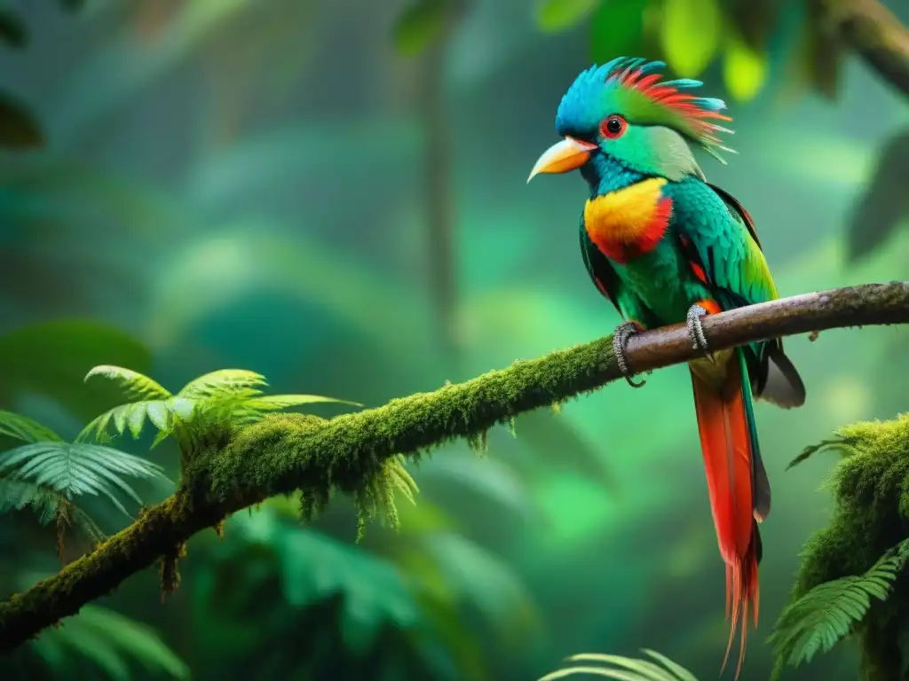 El Quetzal, ave sagrada, posa en exuberante selva maya