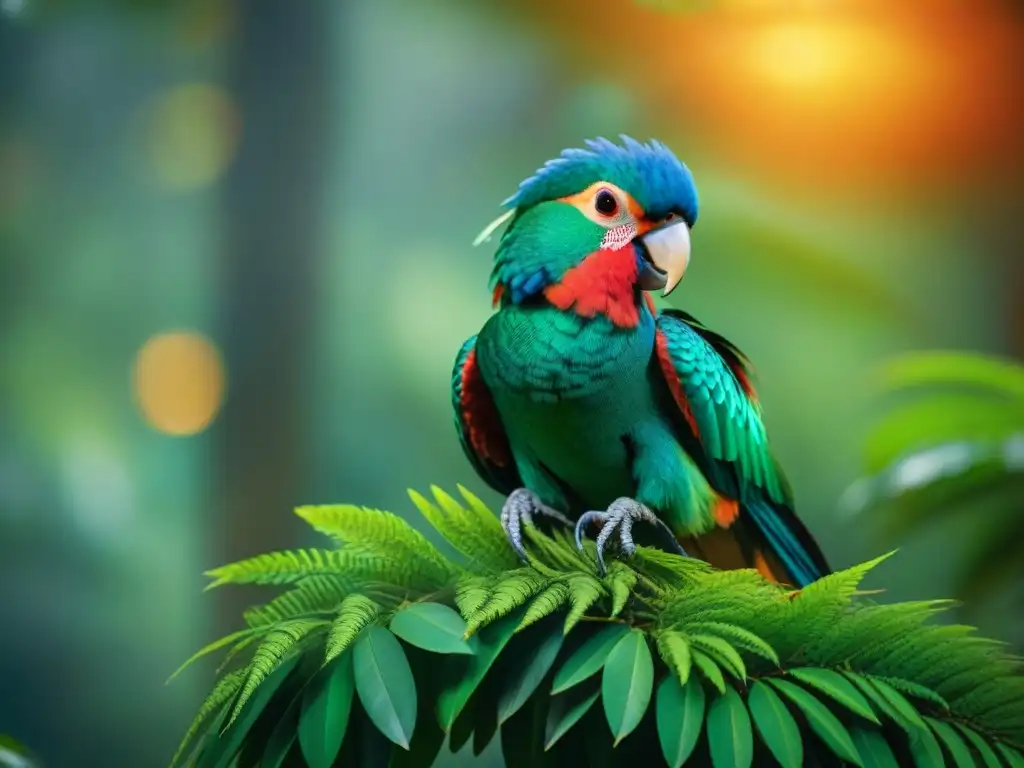 Un Quetzal majestuoso posado en una rama verde en la selva, sus plumas brillantes reflejan la luz dorada del sol