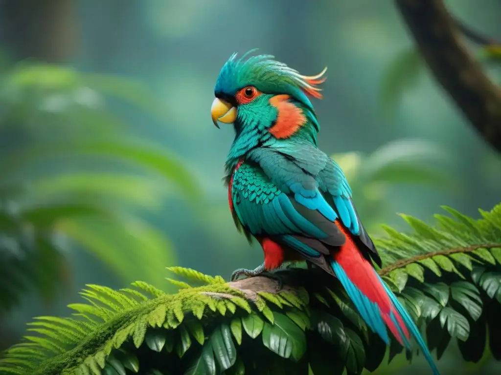 Un quetzal sagrado muestra su plumaje vibrante en la selva maya: significado quetzal ave sagrada