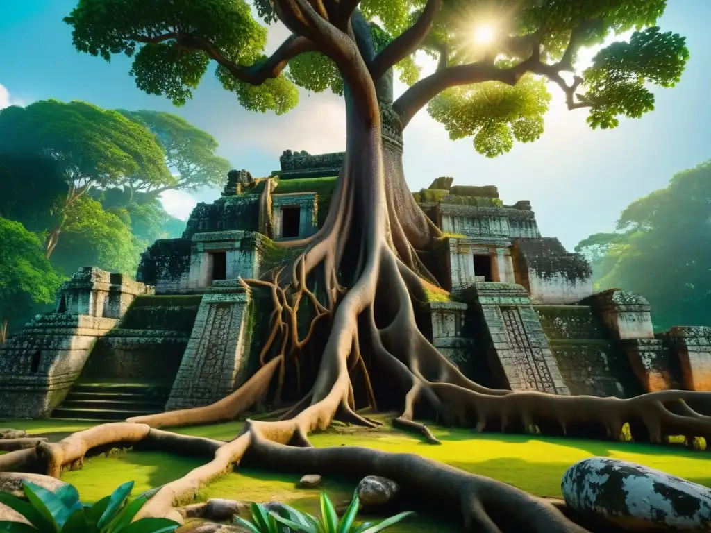 Raíces intrincadas de un árbol Ceiba vibrante entre ruinas de templo maya, con especies endémicas