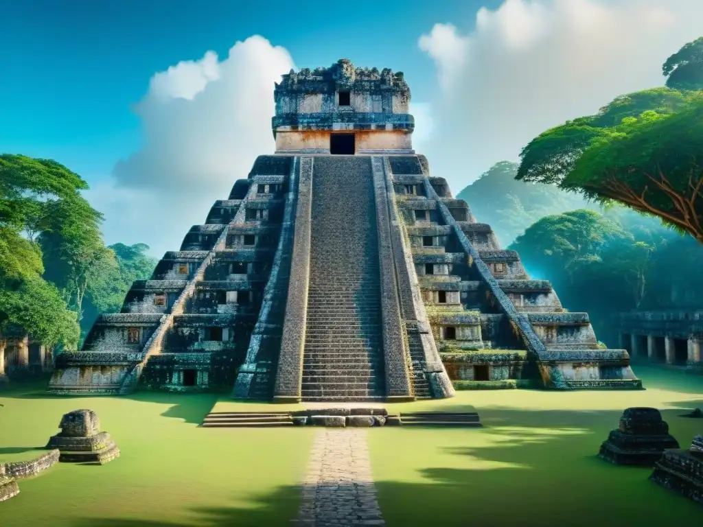 Explora las raíces de la civilización maya en un antiguo templo en Nakbé, rodeado de exuberante vegetación bajo un cielo azul claro