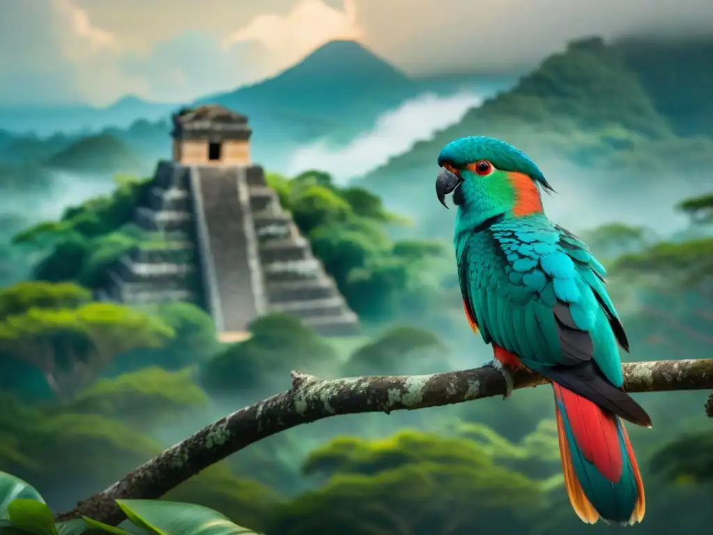 Quetzal en rama verde con plumaje iridiscente en ruinas mayas, conexión entre especies en peligro y civilización Maya