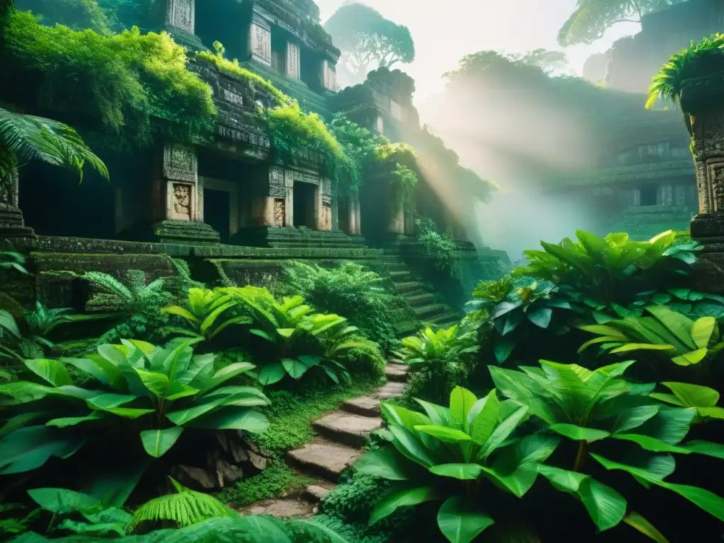 Rayos de sol iluminan exuberante jungla maya con plantas de chaya, destacando beneficios chaya superalimento maya