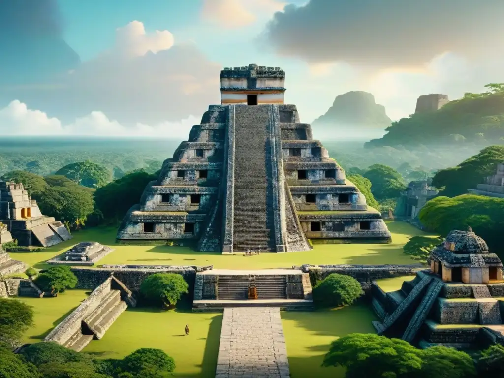 Realidad aumentada en ciudades mayas: Escena vibrante de una antigua ciudad maya con detalles increíbles y vida cotidiana