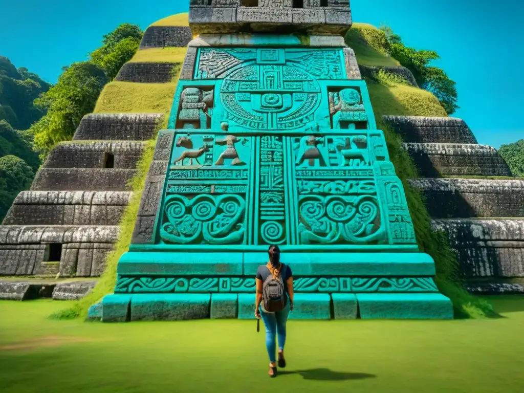 Realidad aumentada en Xunantunich: Detalle vibrante de estela maya tallada, fusionando historia antigua con innovación moderna