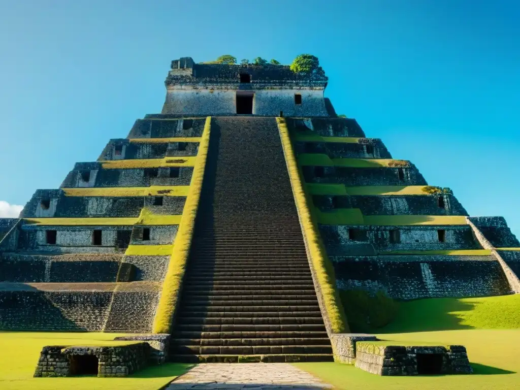 Realidad aumentada en Xunantunich: El Castillo, pirámide maya, con tallados de piedra y exuberante vegetación, bajo cielo azul