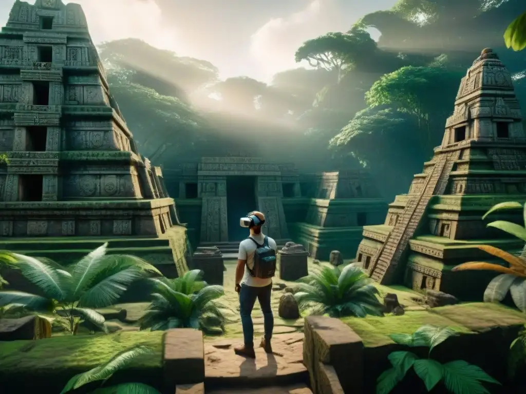 Exploración en realidad virtual de una ciudad maya, con arqueólogos y detallados templos y pirámides en 3D