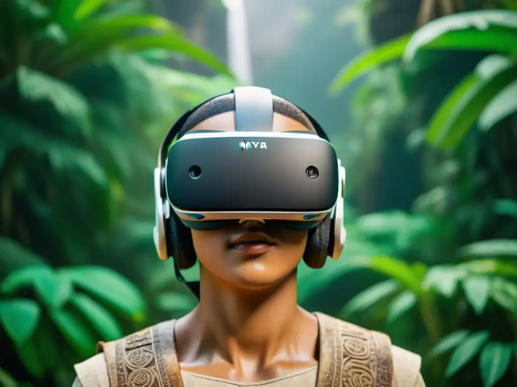 Realidad virtual en turismo maya: un headset detallado sobre una inscripción maya en ruinas, rodeado de vegetación exuberante