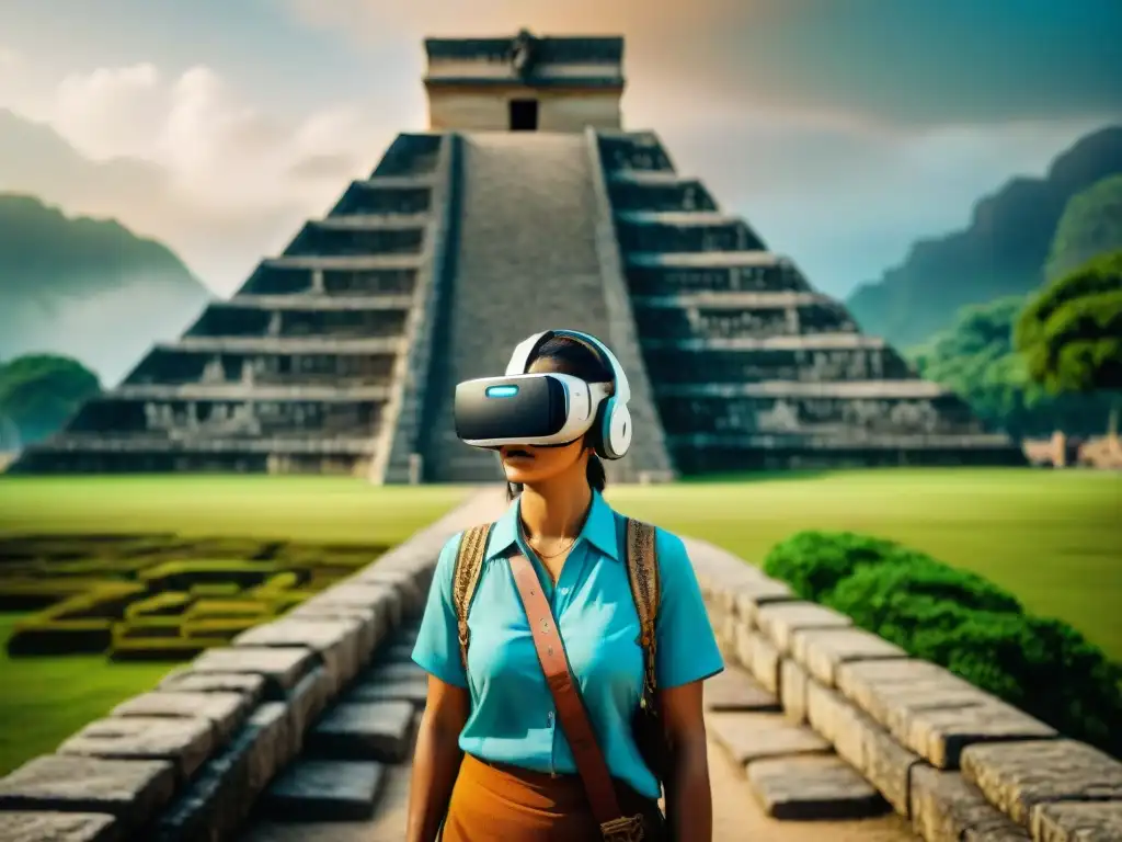 Explora Chichén Itzá en realidad virtual: usuario inmerso frente a la pirámide de Kukulkán