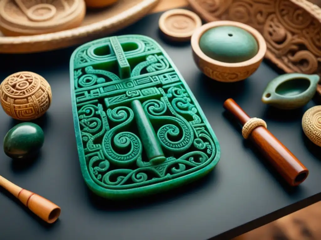 Reconstrucción detallada de utensilios mayas en jade, obsidiana y arcilla, destacando su importancia en la dieta y cultura maya