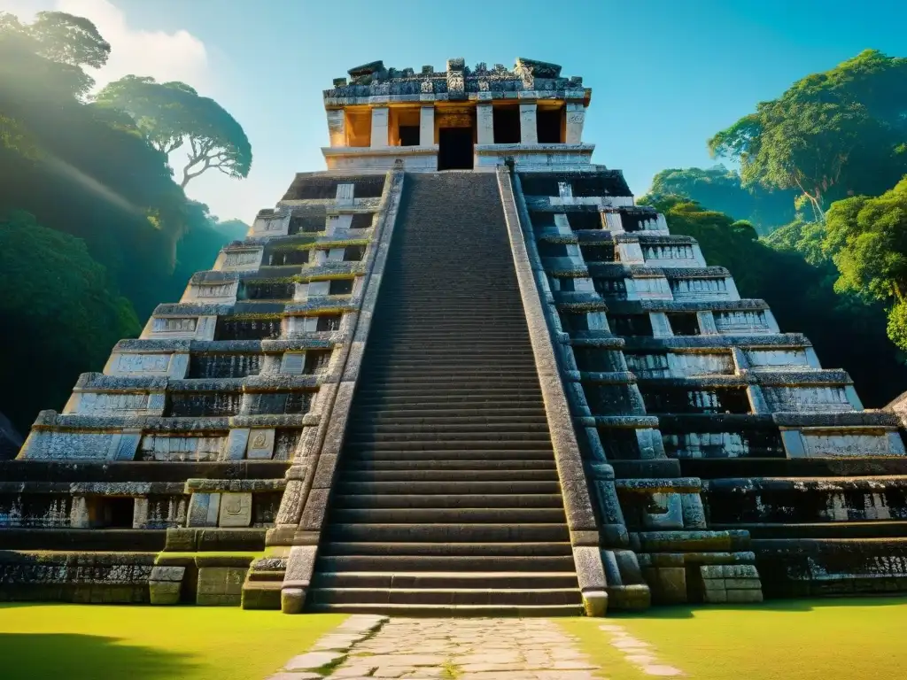 Detalle impresionante del Templo de las Inscripciones en Palenque, México Recorridos guiados por la arquitectura maya en el Templo de las Inscripciones en Palenque, México: arte y historia en piedra