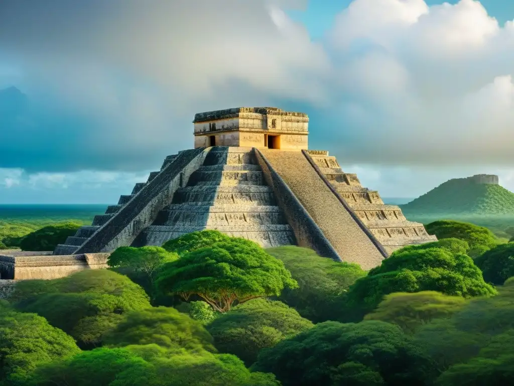 Maravillas arquitectónicas de Uxmal al atardecer Recorridos guiados por la arquitectura maya: Detalles intrincados de Uxmal iluminados por el sol poniente, en armonía con la exuberante vegetación