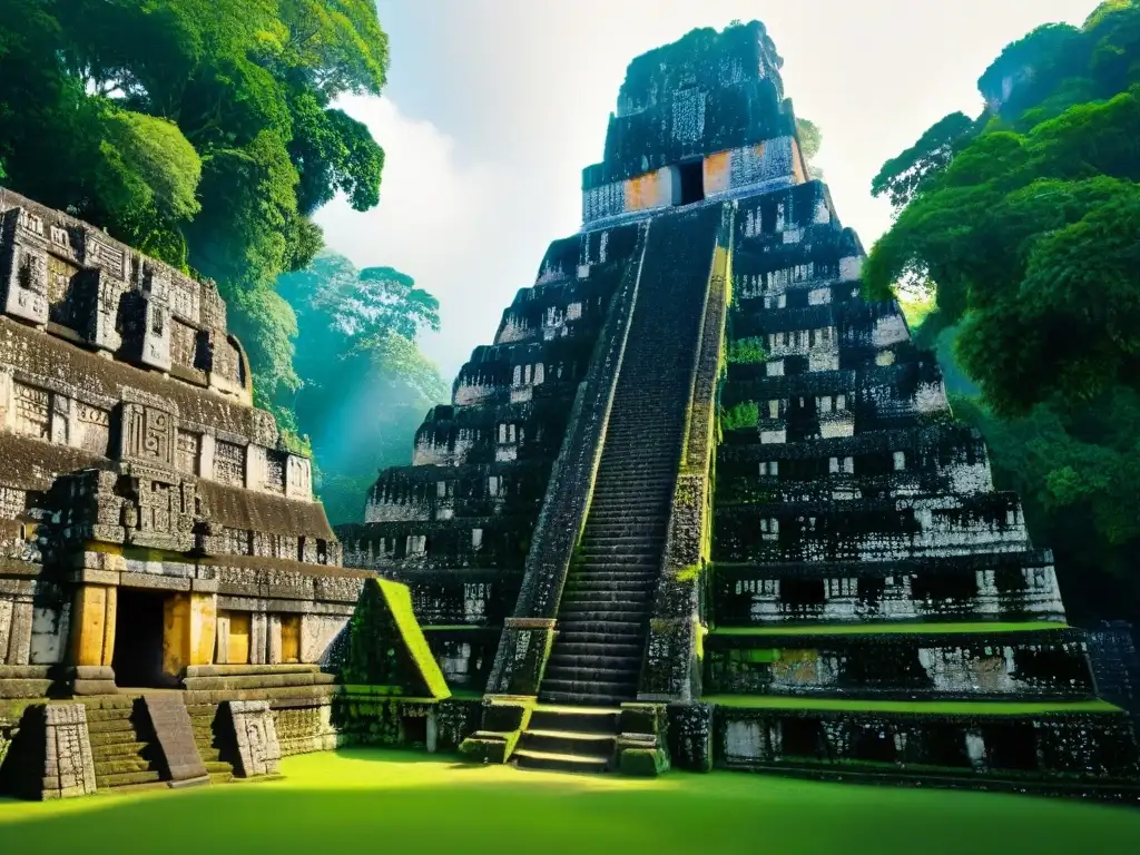 Arte maya en el Templo del Gran Jaguar en Tikal Recorridos guiados por la arquitectura maya: detalladas tallas y jeroglíficos en el Templo del Gran Jaguar en Tikal, Guatemala