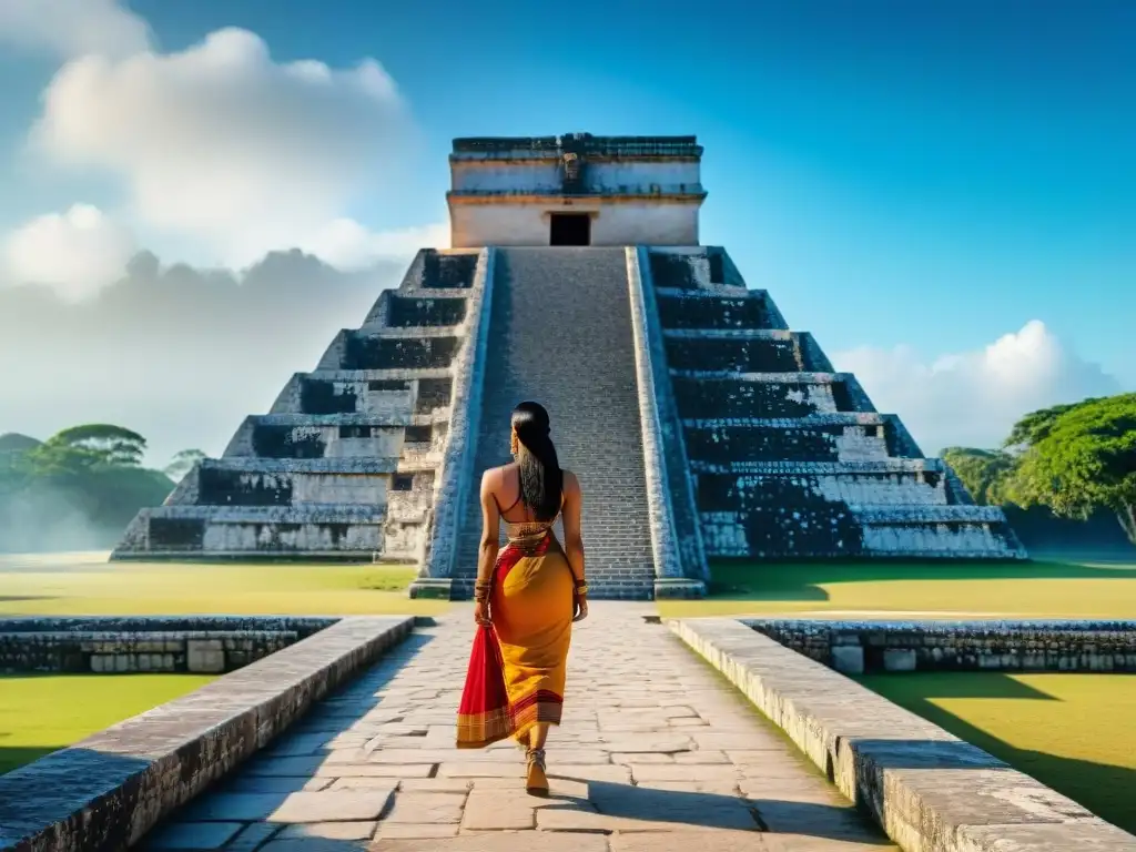 Recorridos virtuales templos mayas: Imponente Templo de Kukulkán en Chichén Itzá, con detalladas esculturas de serpientes y glifos mayas