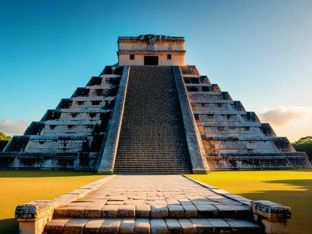 Recorridos virtuales templos mayas: Detalle del templo de Kukulkán en Chichén Itzá al atardecer