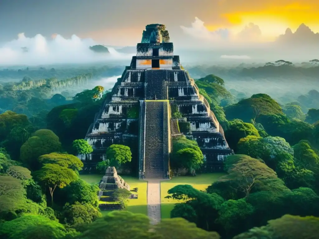 Recorridos virtuales templos mayas: Amanecer dorado sobre Tikal, templo maya y selva verde con monos aulladores