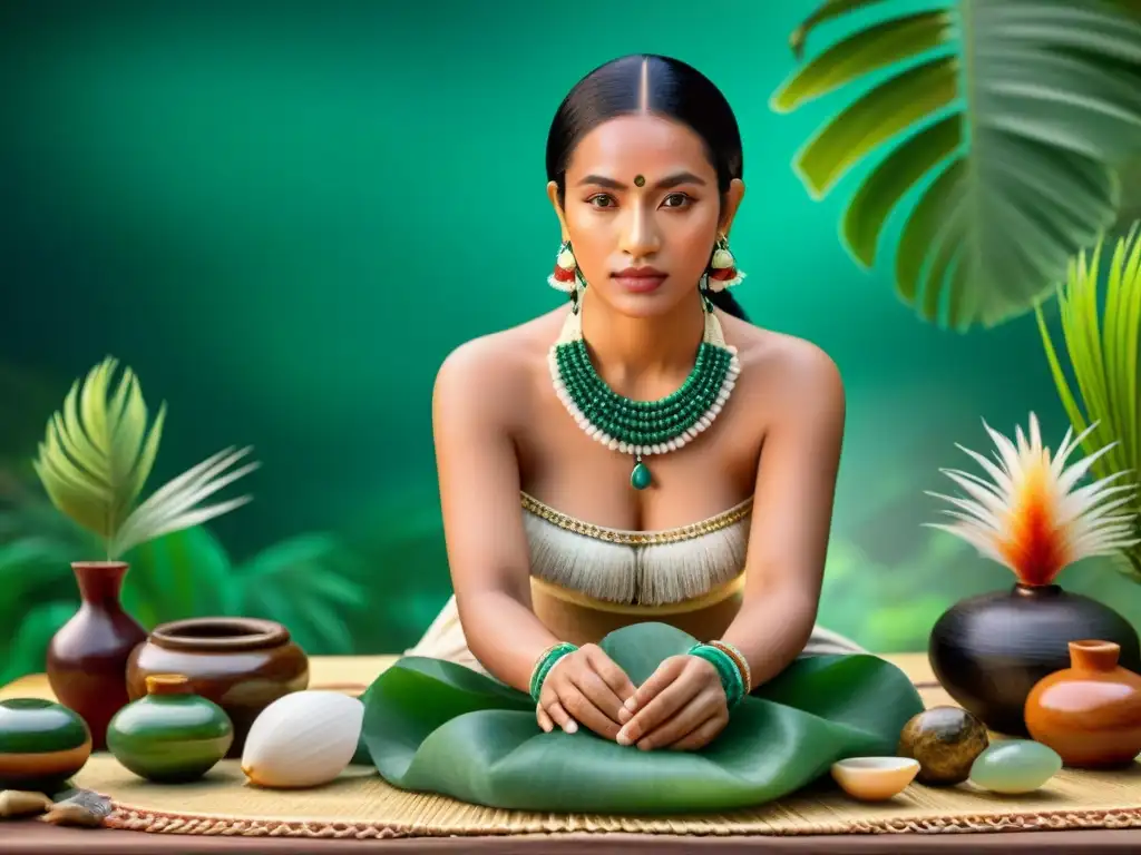 Recreaciones joyería maya 3D: Artesana maya crea collar de jade rodeada de materiales y selva exuberante