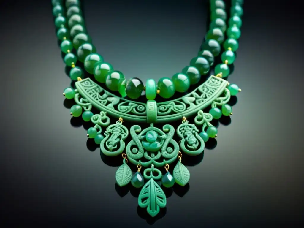 Recreaciones joyería maya 3D: Detallado collar de jade con símbolos mayas en vibrante verde, reflejando la luz sobre fondo oscuro