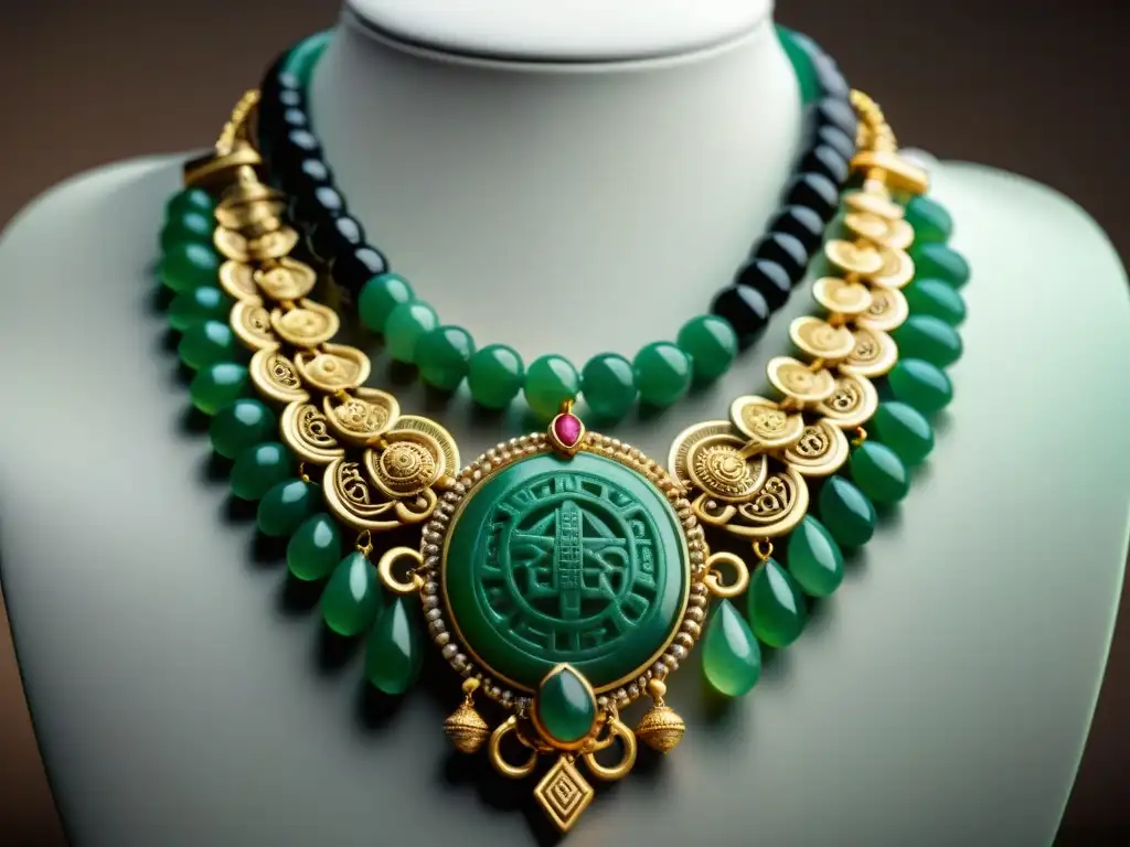 Recreaciones joyería maya 3D: Detalle de collar de jade maya con filigrana de oro, mostrando la artesanía y simbolismo tradicional