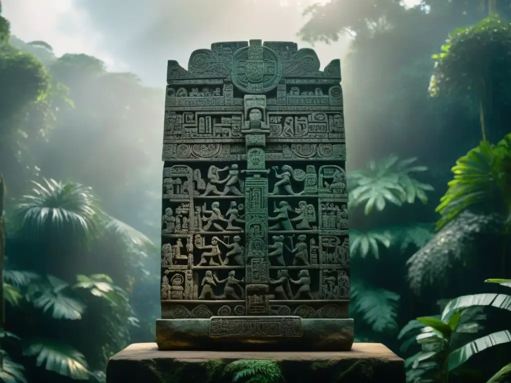 Registro histórico maya en estelas: Una estela maya tallada detalladamente en la exuberante jungla, iluminada por el sol filtrado entre el dosel