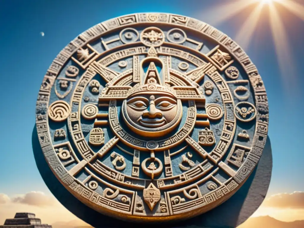 Relación Maya Astros Sagrados Astronomía: Calendario maya tallado con precisión, bañado en luz dorada, mostrando glifos y símbolos detallados