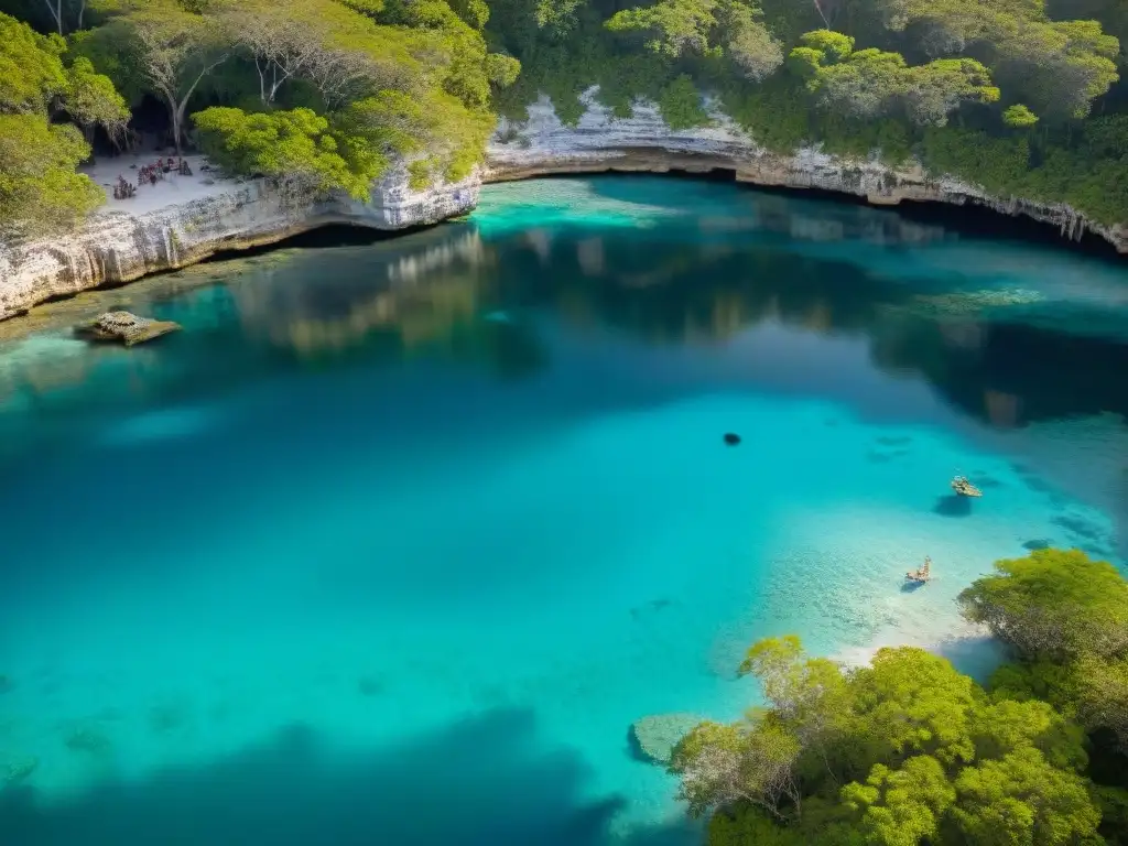 Explora la relación sagrada maya con los cenotes en esta vista aérea de un exuberante bosque verde con un cenote turquesa en el centro